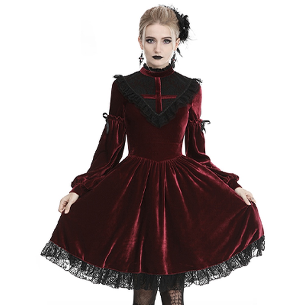 Dark In Love - Lace Cross Skater Kleid - Rot/Schwarz